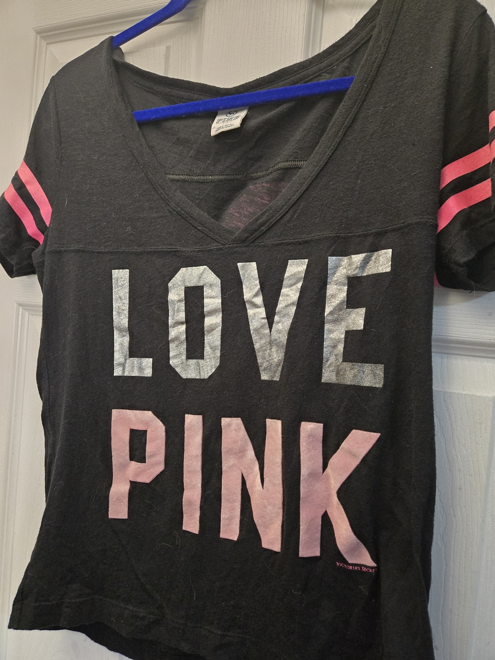 Victoria's Secret PINK Black Short Sleeve V-neck T-shirt With Velvet Lettering